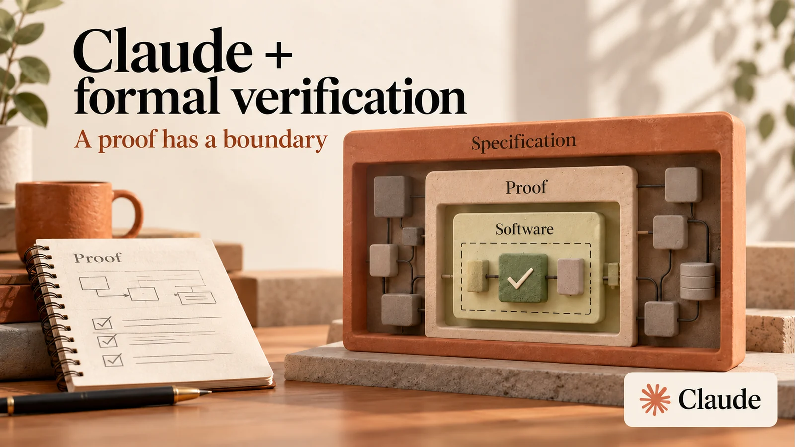 Editorial illustration showing an AI-generated proof passing through a separate proof checker within a clearly bounded software specification. The Claude subject logo appears at the lower right.