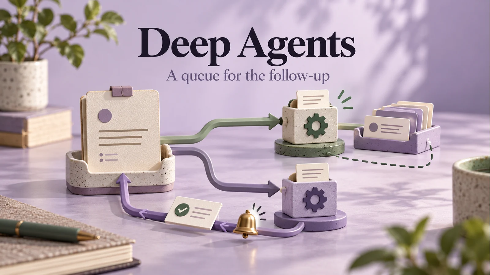 Editorial illustration of Deep Agents coordinating a supervisor, an active research task and a separate queued follow-up before a reviewed result.