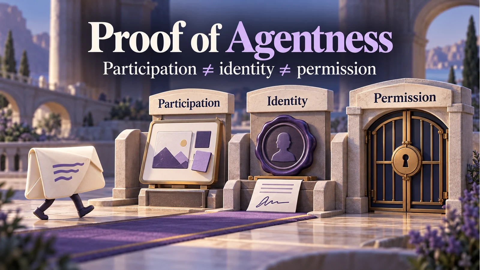 An explanatory illustration of three distinct web-access gates for participation evidence, identity and permission, without suggesting that any gate guarantees safety.